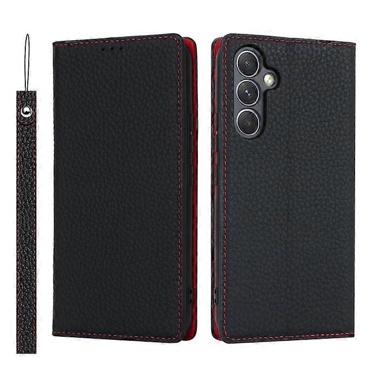 Compatible For Samsung Galaxy A54 5G Genuine Cow Leather Flip Case Litchi Texture Wallet Stand Phone Cover with Strap
