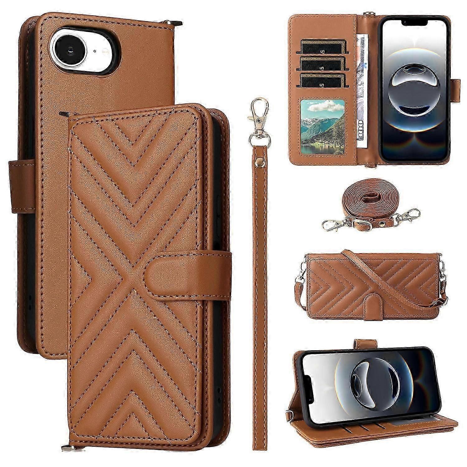 For iPhone 16e Case with Shoulder Strap Wallet Leather Phone Cover - Black