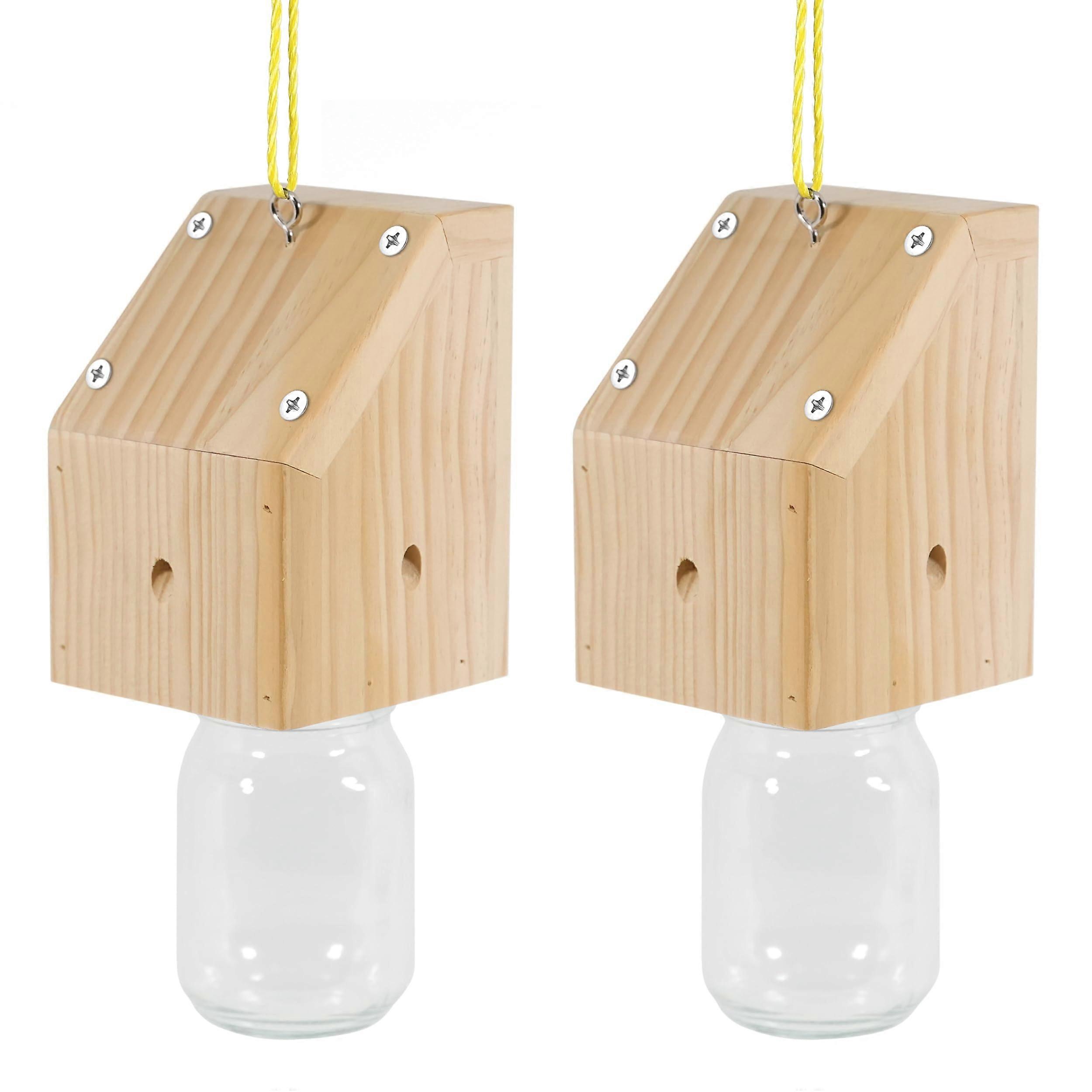 Carpenter Bee Trap Outdoor Shed Style Hanging Wooden Trap with Removable Plastic Jar 2 Pack