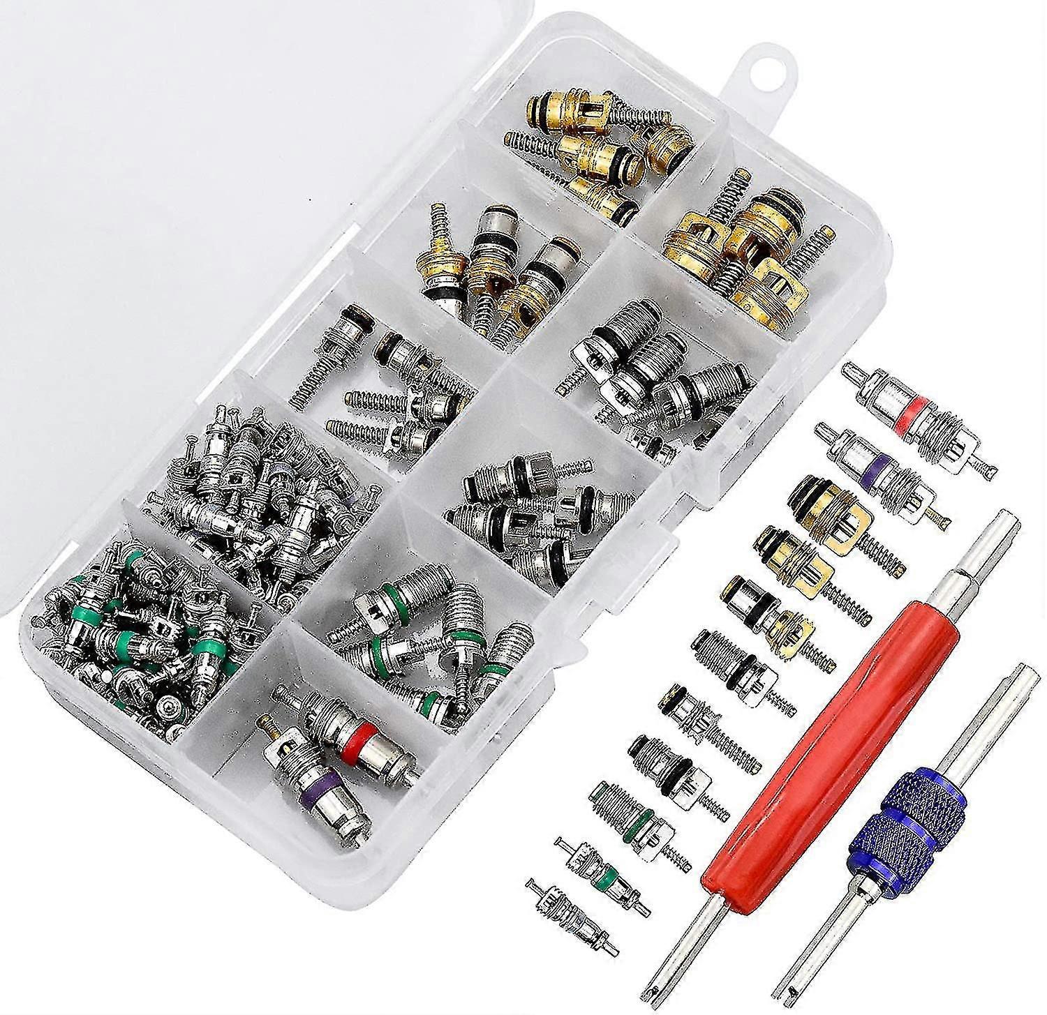 Πυρήνας βαλβίδων κλιματισμού 102pcs, αυτοκινητικοί πυρήνες μίσχων βαλβίδων κλιματισμού με το εργαλείο αφαίρεσης για την επισκευή αέρα αυτοκινήτων