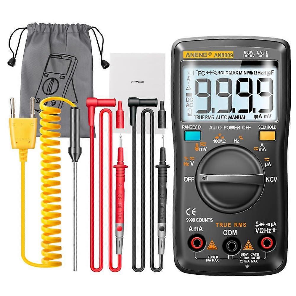 AN8009 Digital Multimeter Auto Range 9999 Counts Backlight AC DC Voltmeter Ammeter Ohm Transistor Tester Black