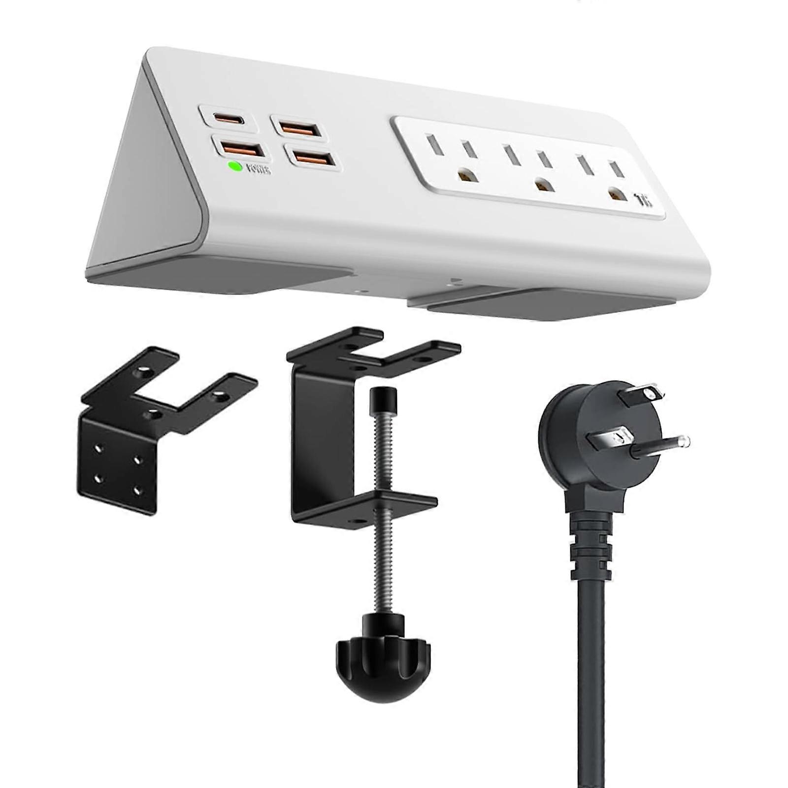 Nightstands Desk Clamp Power Strips with USB C and USB A Port Featuring 3AC Outlets Perfect for Home or Office White