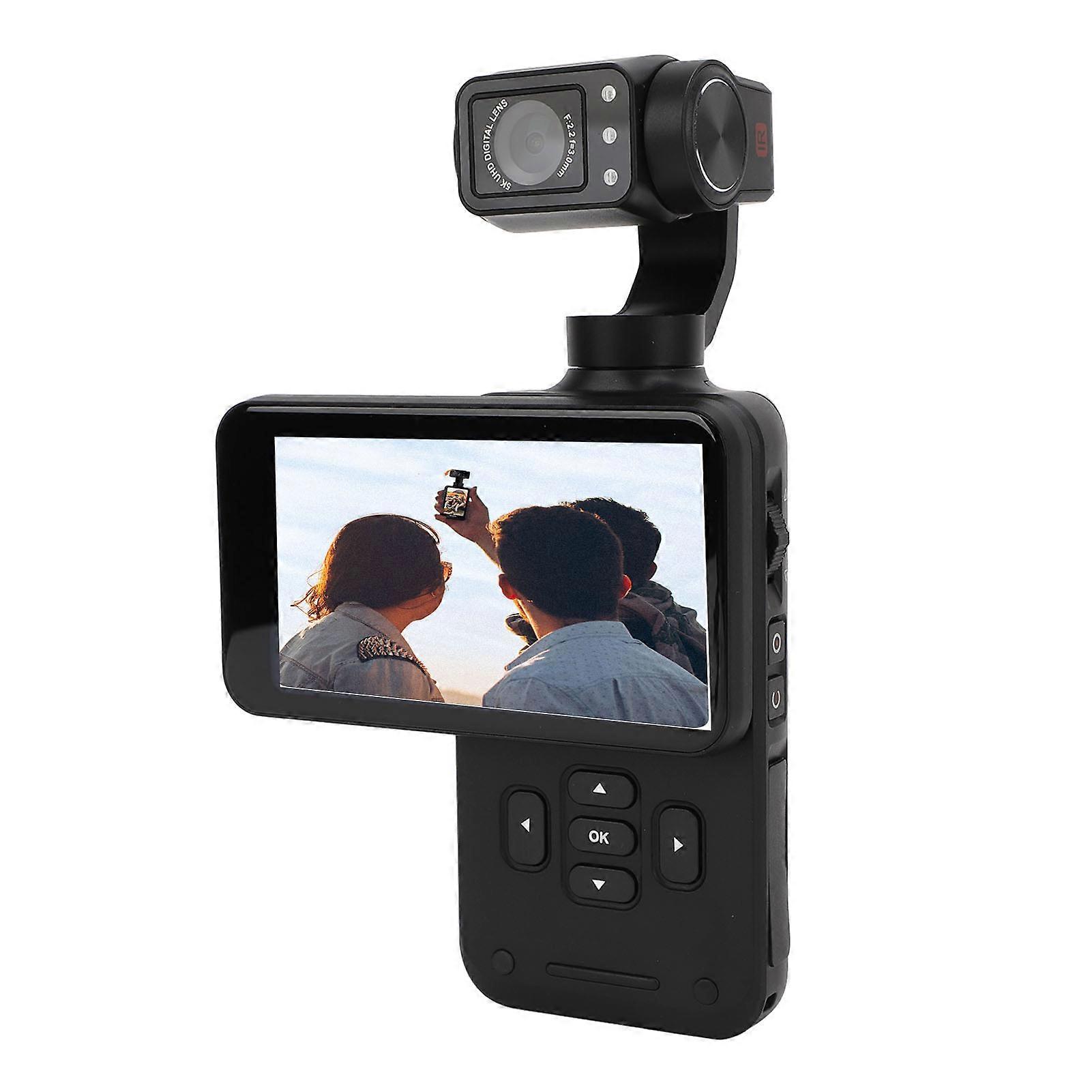 5K Pocket Video Camera with 3.5 Inch Rotating Touchscreen HD 3 Axis Stabilization Wide Angle Action Camera for Travel Vlogging 