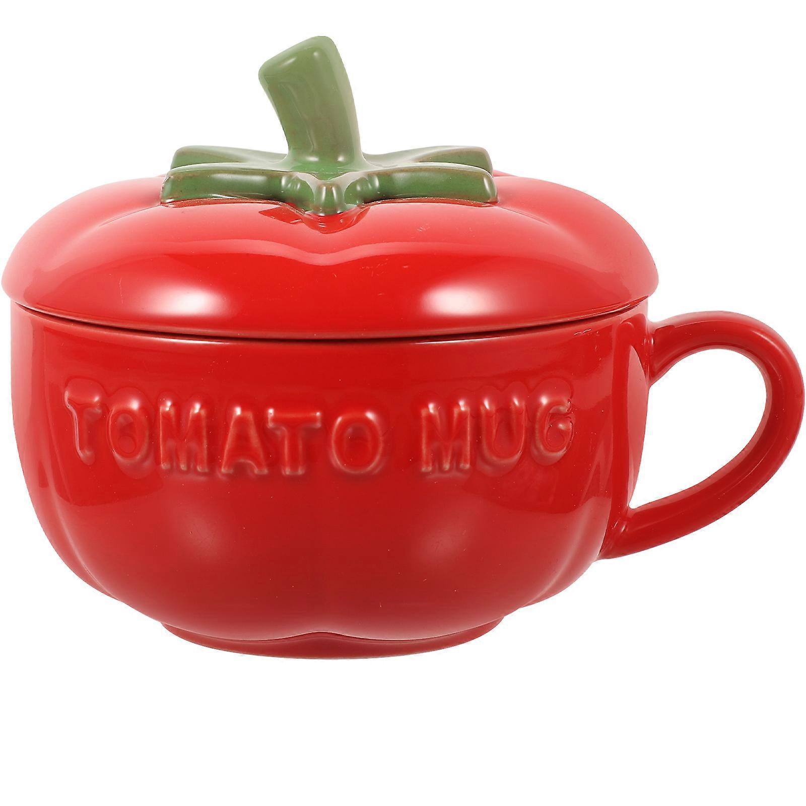 Ceramic Mug With Cover For Home Use Red Round Shape Heat Resistant Non-Slip Handle 1Pack