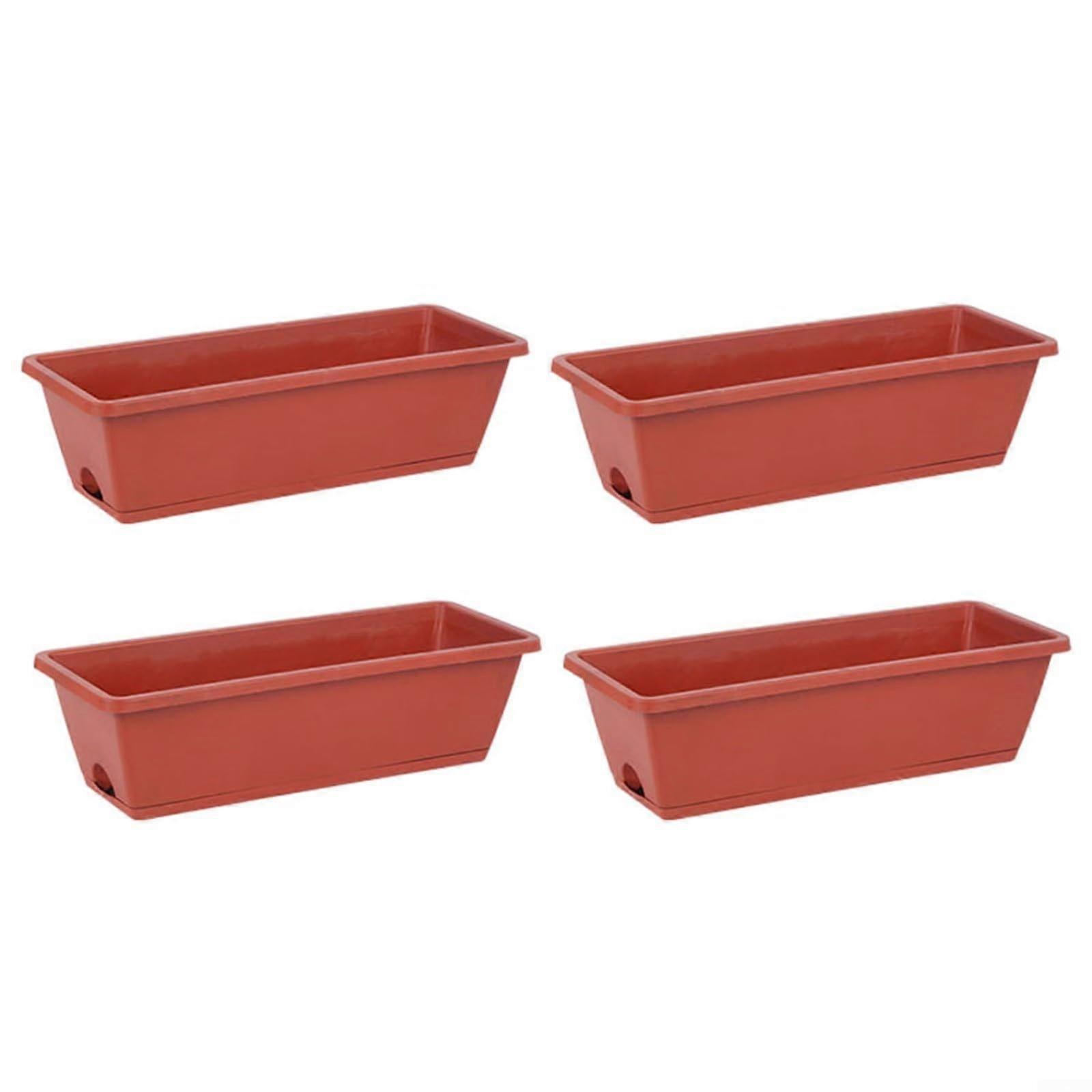 Red Brick Plastic Flower Boxes Set of 4 - Rectangular Planters with Drainage Holes, 43cm x 19cm x 15cm