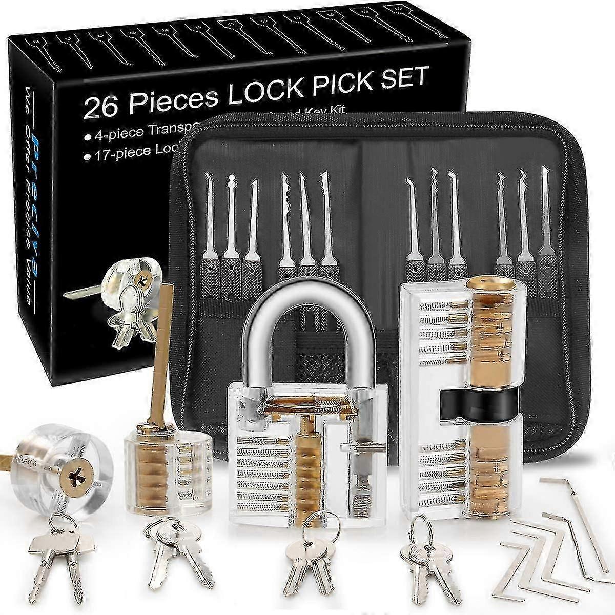 Lock Picking Kit, 26-piece Lock Picking Kit, Practice Tools With 4 Clear Locks For Beginner And Pro Locksmiths (clear)