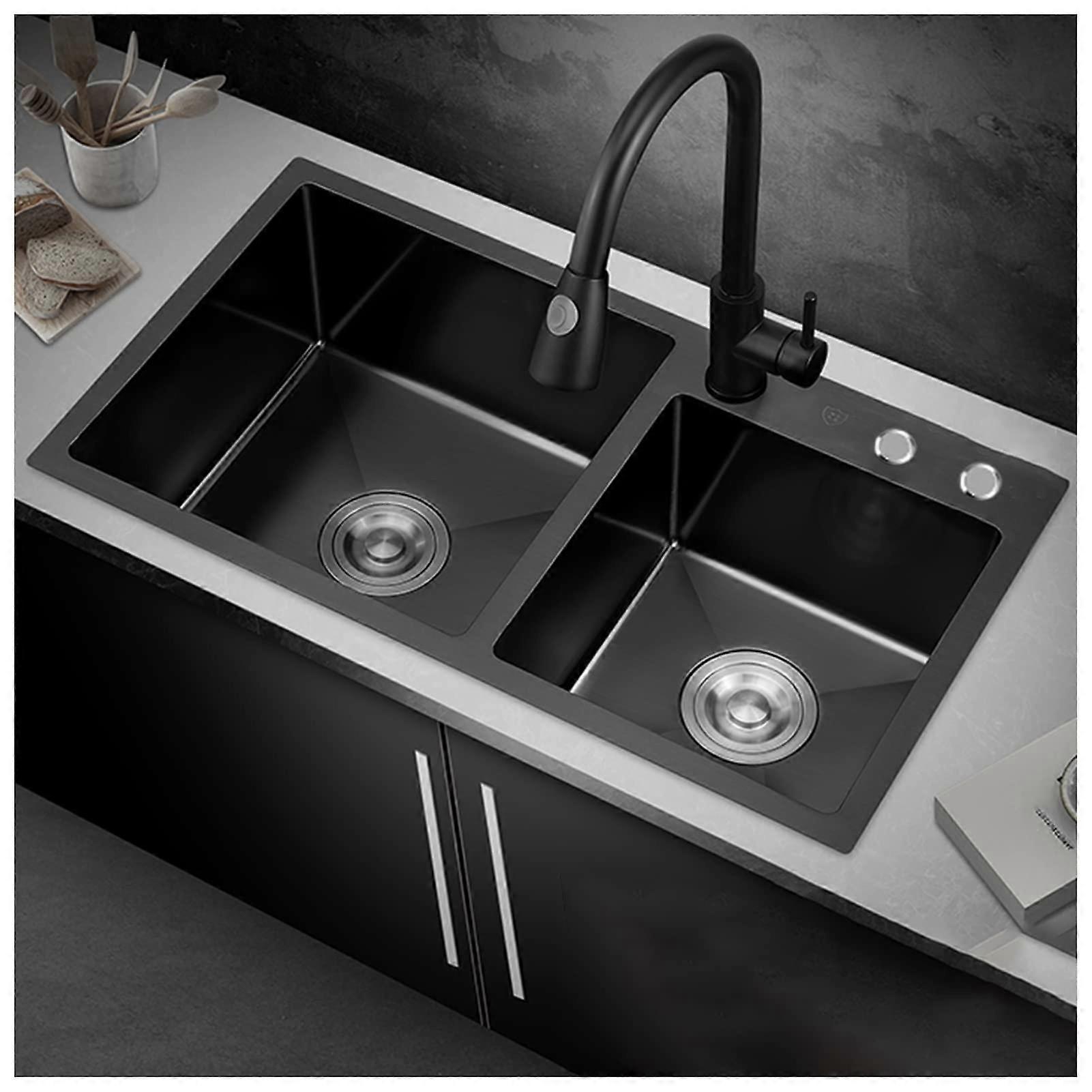 Black Nano Double Sink, 304 Stainless Steel Bar Sink, Square RV Sink with Faucet