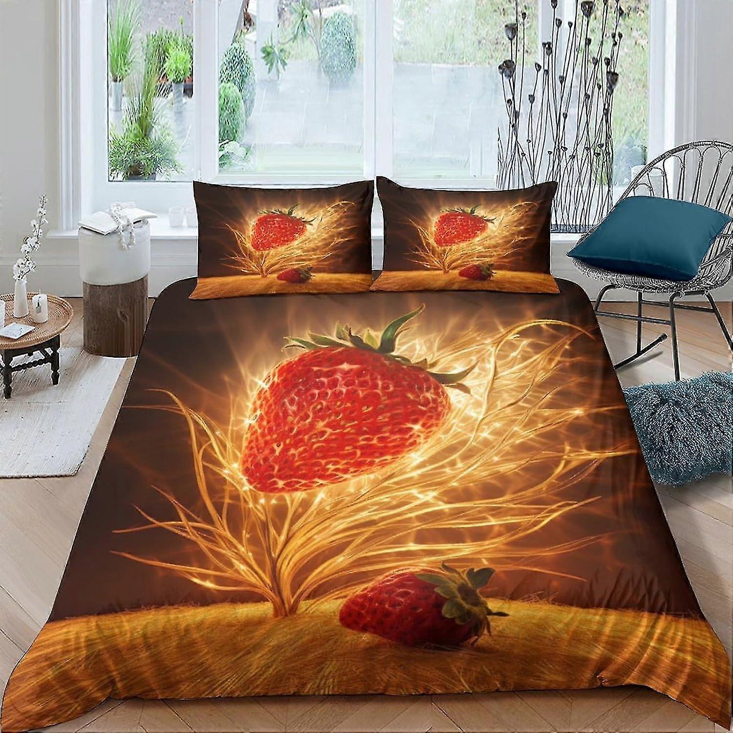 Capa de edredão de morango de microfibra macia Conjunto de 3 peças com fecho de zíper para cama de casal