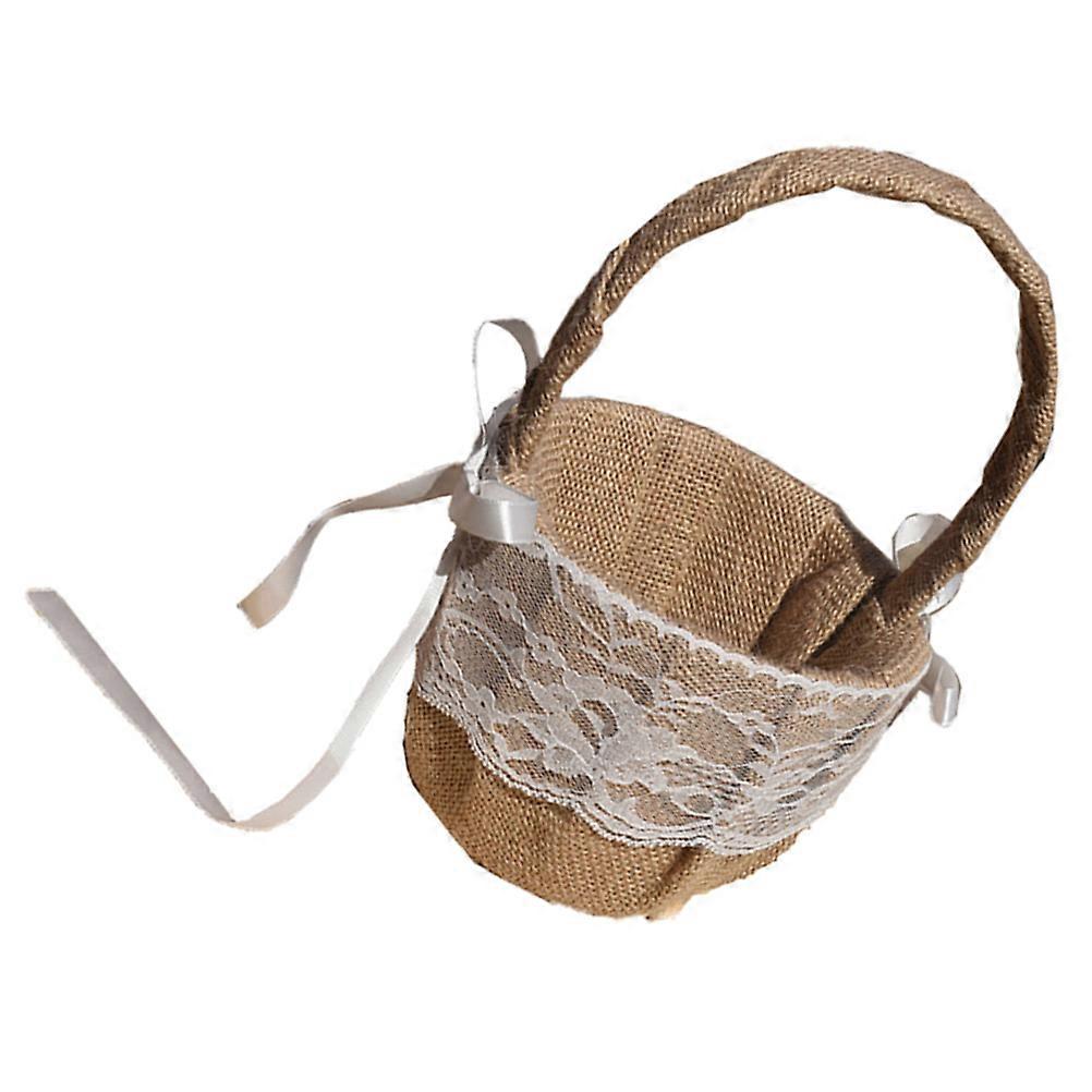 Rustic Hand Woven Burlap Flower Basket with Handle for Weddings, Parties, and Home Decor – Natural Jute and Lace Design, Portable Floral Arrangement