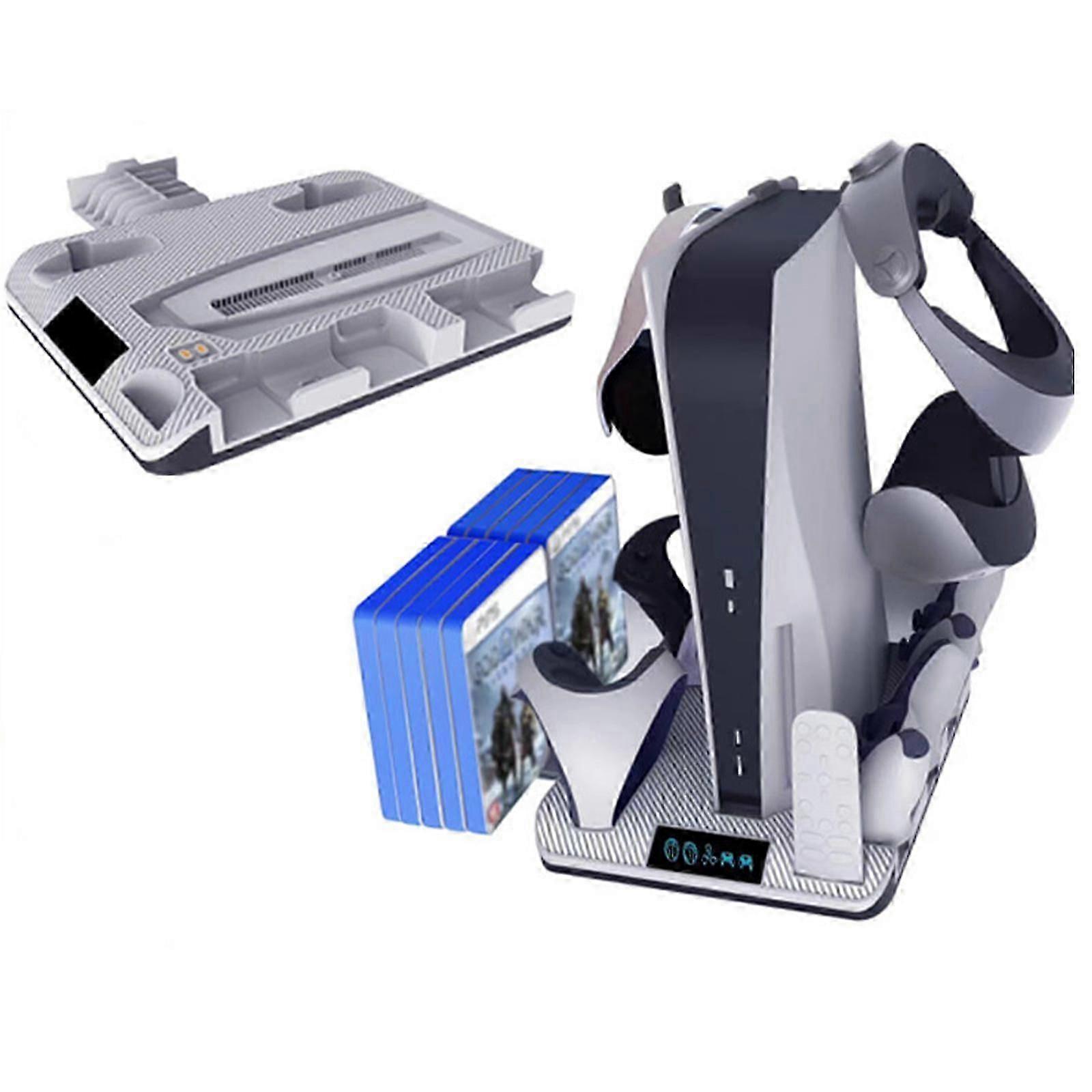 PS5 Vertical Stand with Cooling Station and Controller Charging Dock, Wireless Contact Charging Dock for PS5 & PS VR2 Contollers, Headsets Holder& Slo