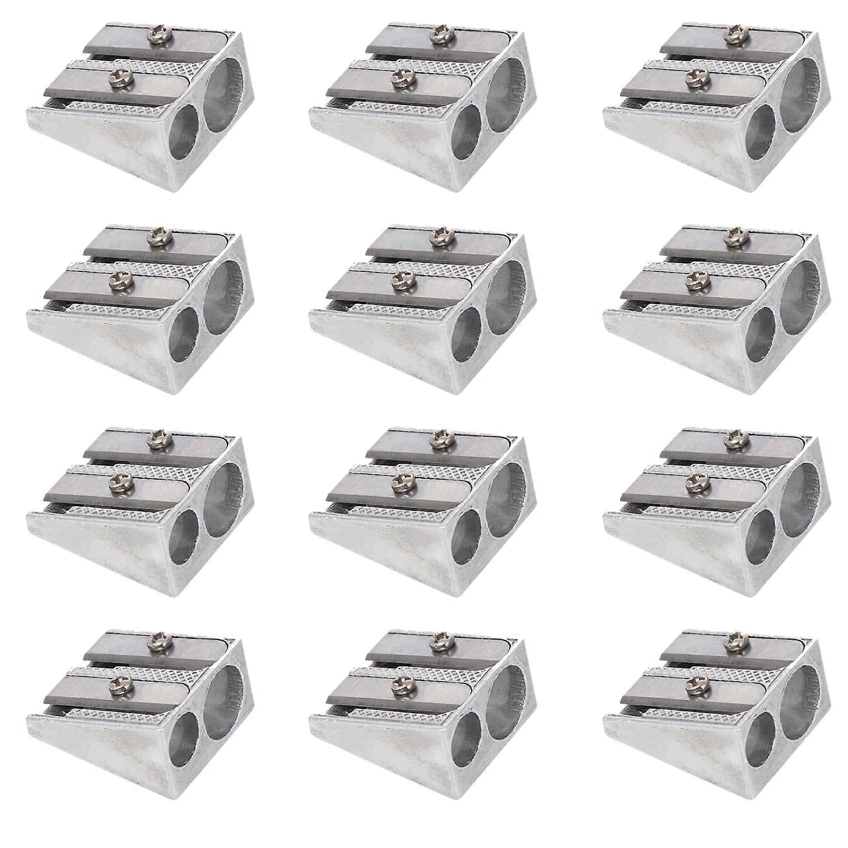 Metal Pencil Sharpener, 12-Pack 2-Hole Handheld Sharpener for Colored Graphite Pencils, Manual Carpenter Pencil Sharpener