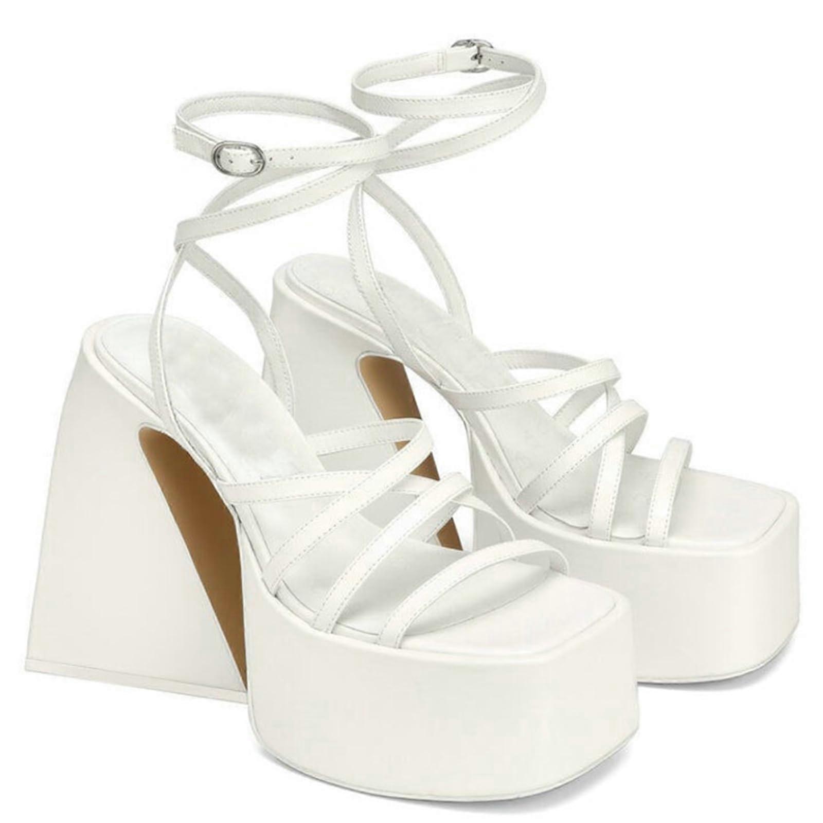 13.5 cm Women's Platform  Heel Sandals Chunky  Heels Cross Strap Open Toe Square Head Ankle Strap  Heels 43 EU White