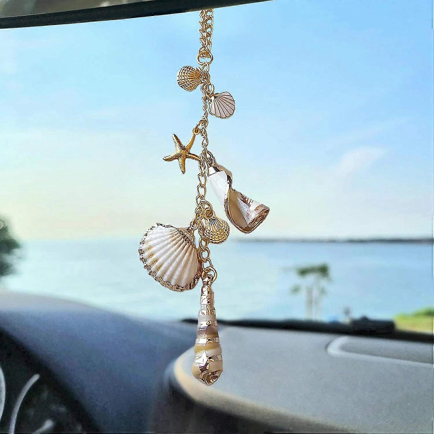 Boho Sea Shells Car Decor,Cute Coastal Hanging Charm for Rear View Mirror,Hand-Made Starfish Conchas Aesthetic Ornament Pendant