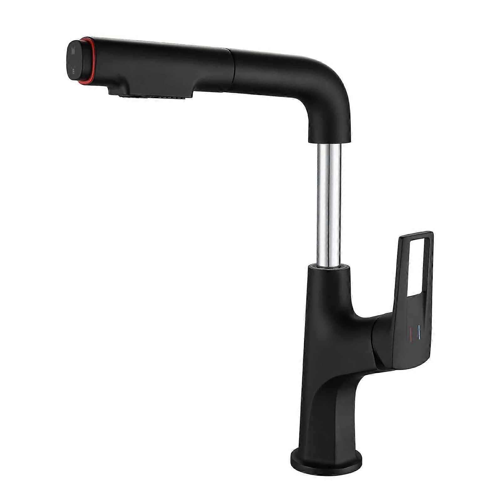 Washbasin faucet with pullout showerhead, brass hot and cold water tap, swivel, black.