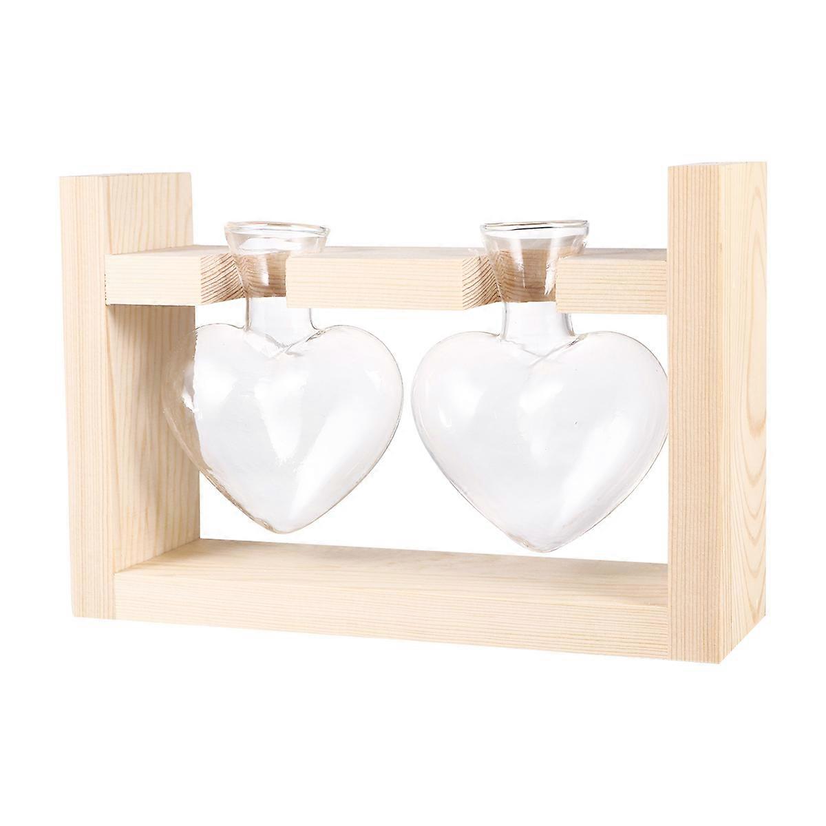 2Pcs Heart Vases Hydroponics Planter Green Plant Container Flower Arrangement with Wooden Rack (Log Color)