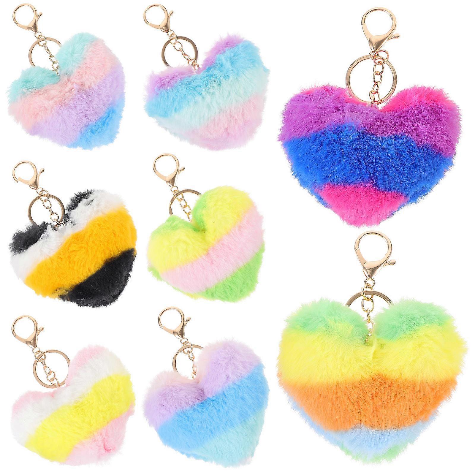 Soft Plush Heart Keychains with Striped Design – Colorful Fluffy Bag Charms for Handbags, Purses, and Decorative Key Rings