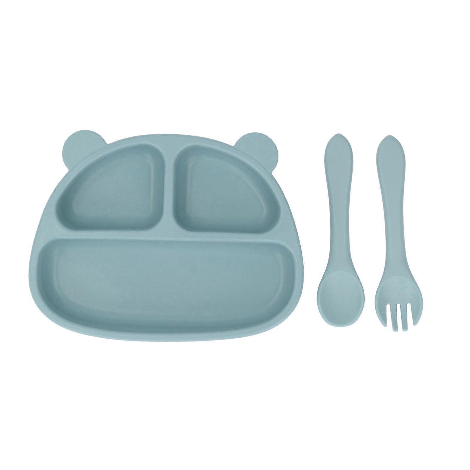 Baby Dinner Plate 3 Divided Grids Soft Silicone Falling Resistant Training Plates with Spoon Fork Dusty Blue Dinner Plate Spoon Fork