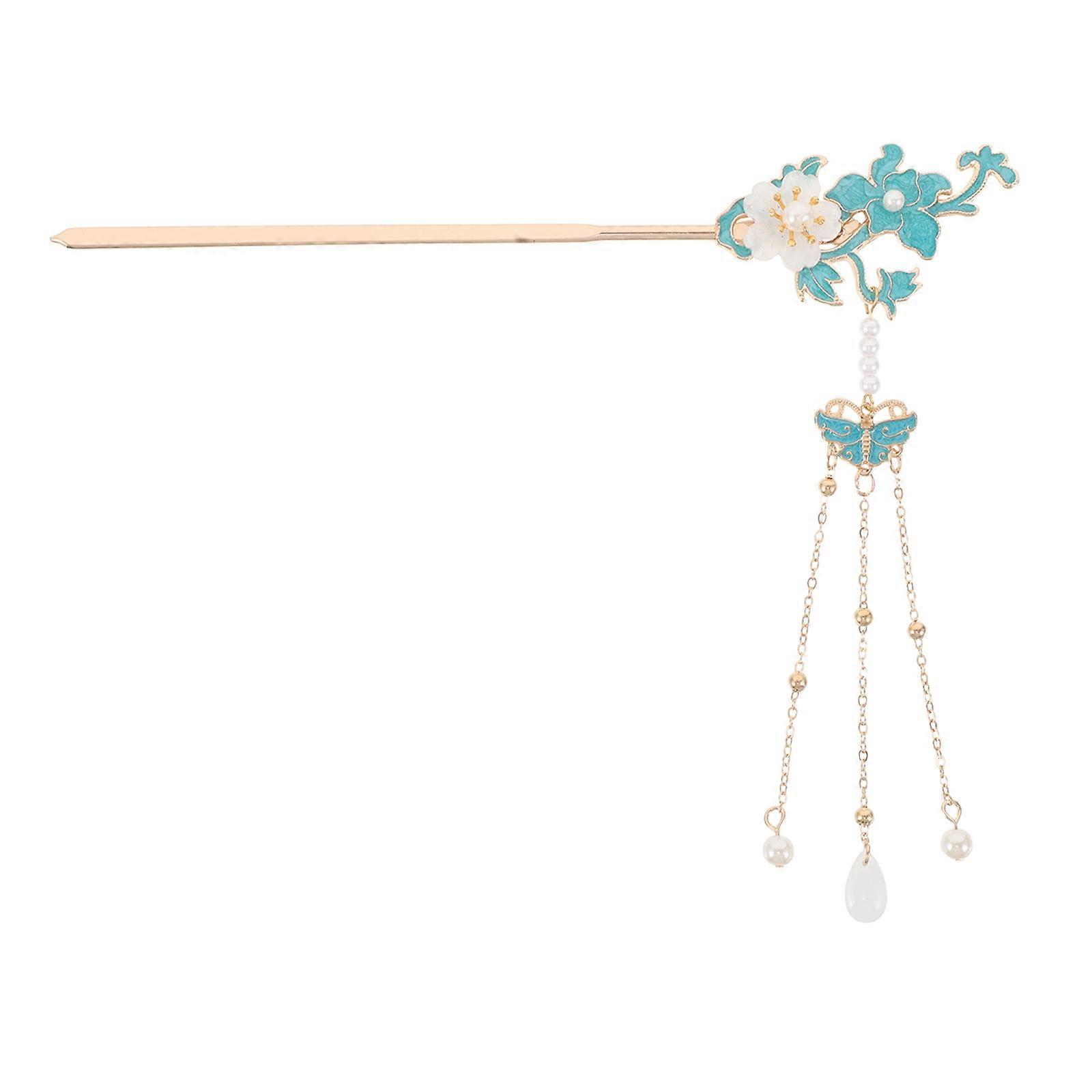 Elegant Vintage Blue Enamel Floral Hairpin with Tassels – Handmade Refined Bun Accessory for Thin and Thick Hair – Perfect for Hanfu and Traditional