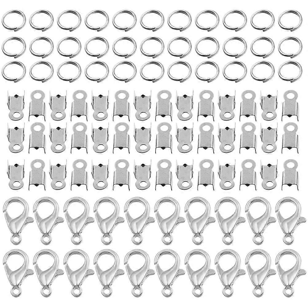 2 Sets Of DIY Jewelry Work Accessories Featuring Silver Lobster Clasps Jump Rings And Fold Over Cord Ends Perfect For Crafts And Decoration
