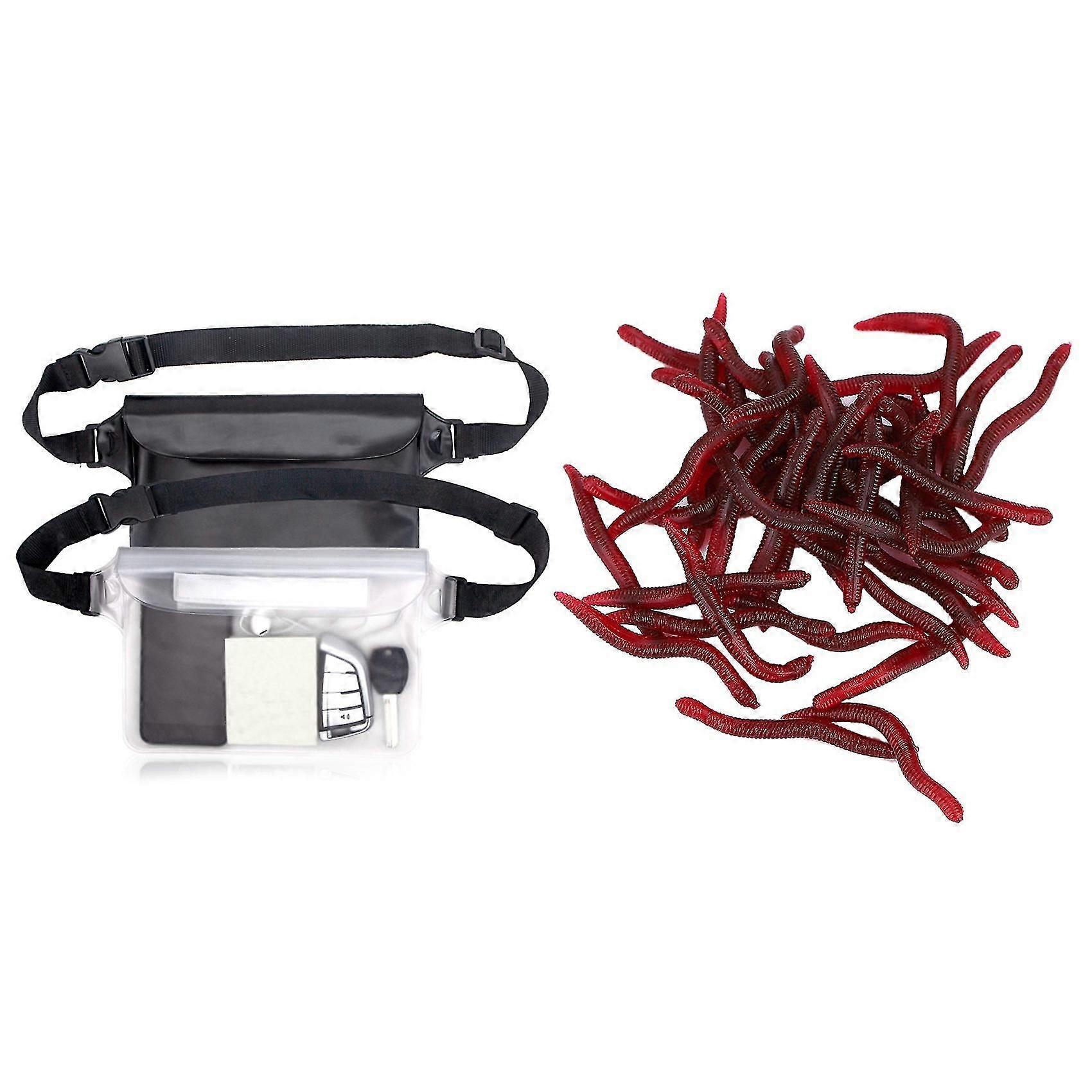 2 Pcs Waterproof Pouch Bag Case With Adjustable Waist Strap Black+white & 100 Pcs Soft Lures Sets S