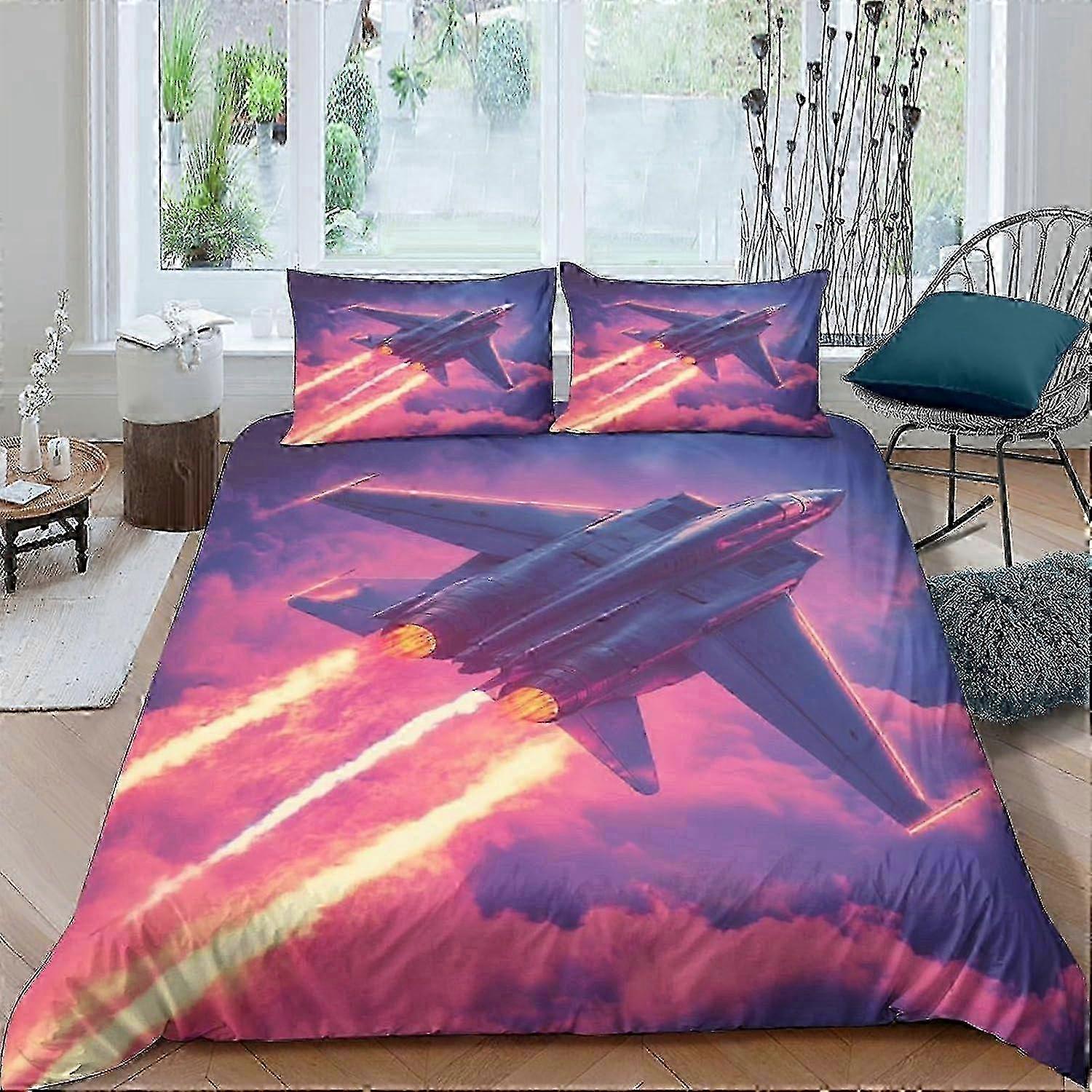 Combat Aircraft 3D Printed Bedding Sets Lightweight Easy Care Microfibre Soft Fighter Comforter Cover with Pillow Shams 3-Piece Shams for Al