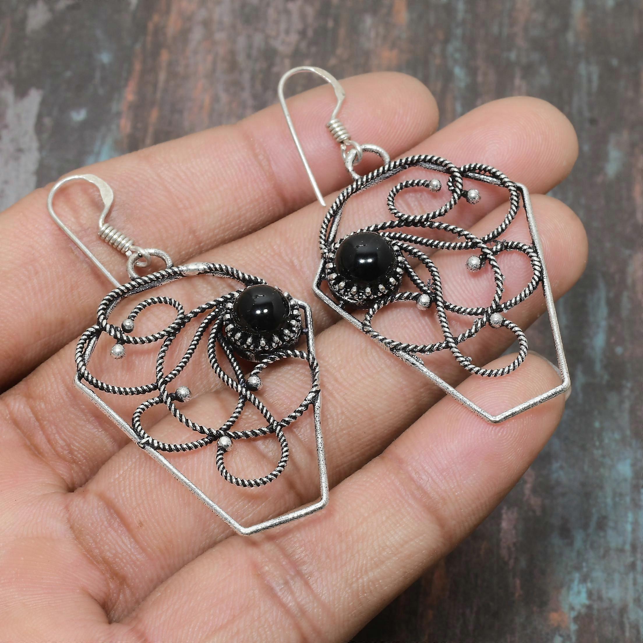 Boucles d'oreilles en argent sterling 925 et pierre précieuse d'onyx noir, faites à la main, pour Thanksgiving