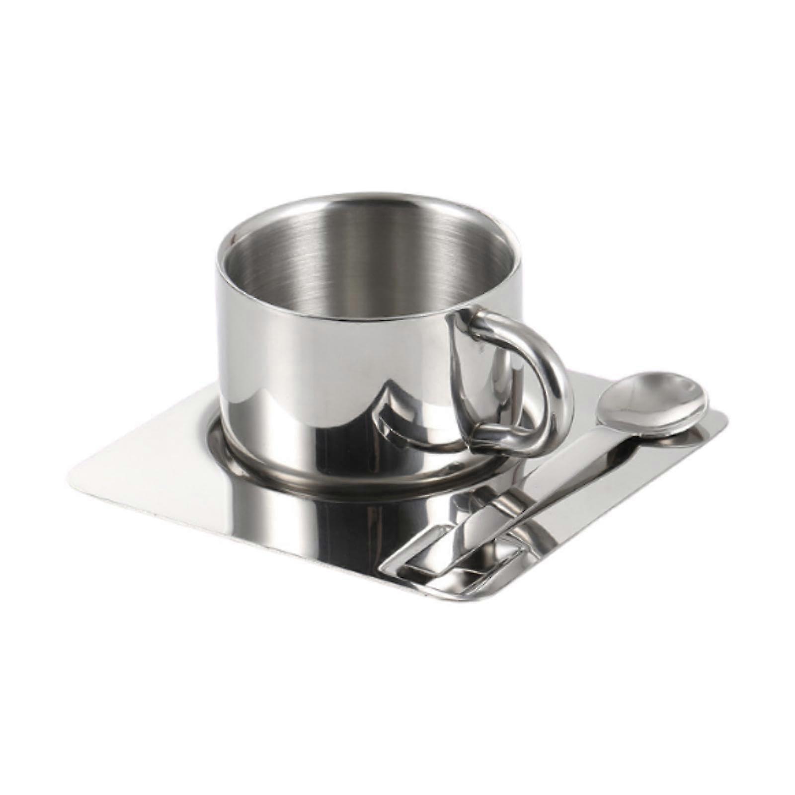 Coffee Mug Set with Spoon and Saucer, Durable Stainless Steel for Hot and Cold Drinks