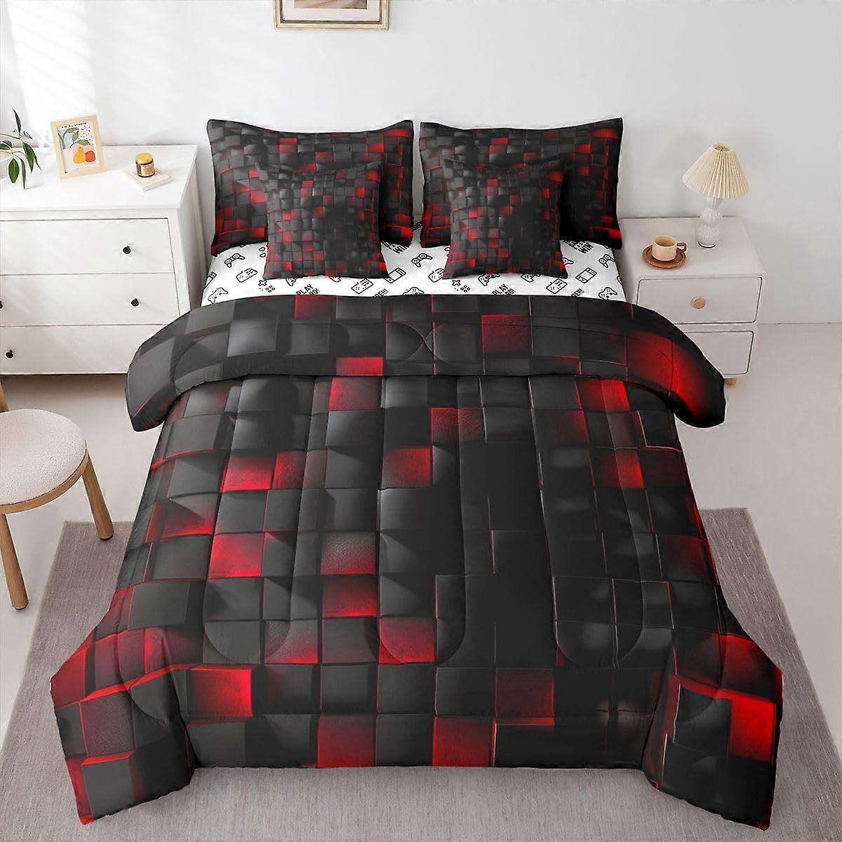 Full Size 7Piece Video Game Bedding Set, Red Black Gamer Comforter with Sheets and Pillowcases