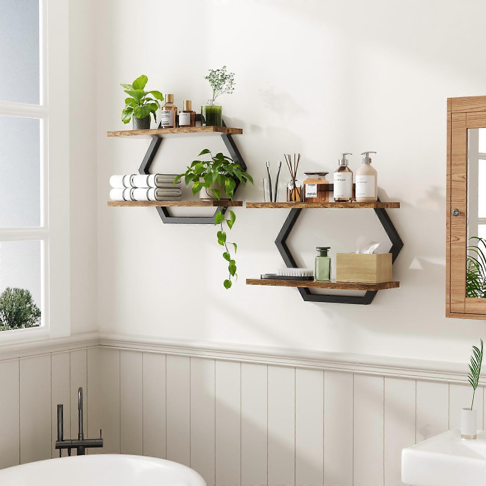 Floating Wall Shelf Set of 2, Rustic Brown 15x13in Two Tier Wall Mounted Storage for Home Rooms