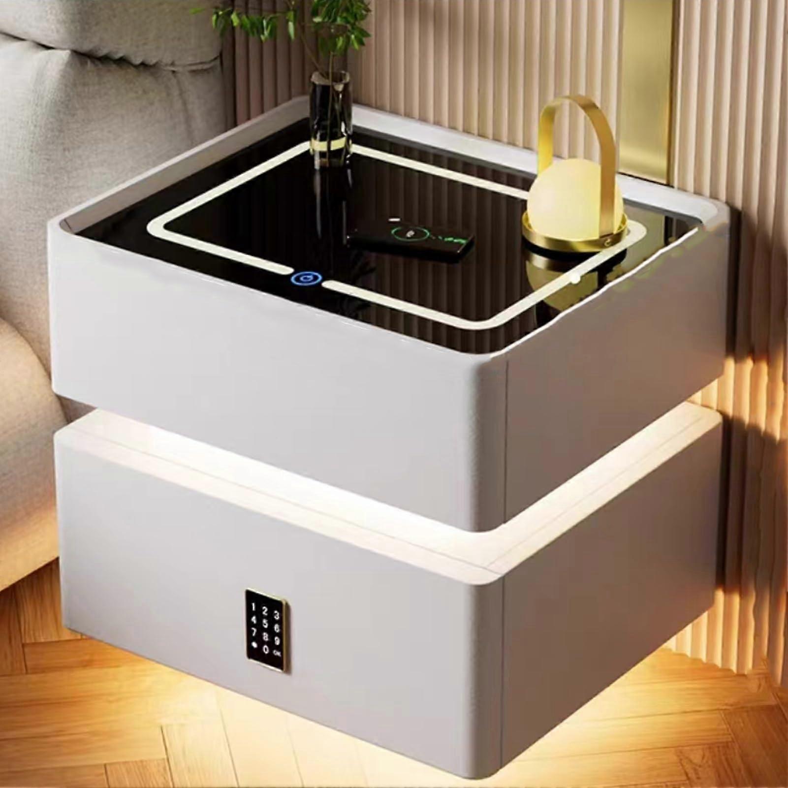 Smart Nightstand with LED Light, Wireless Charging, Motion Sensor and Password Lock, Light Gray