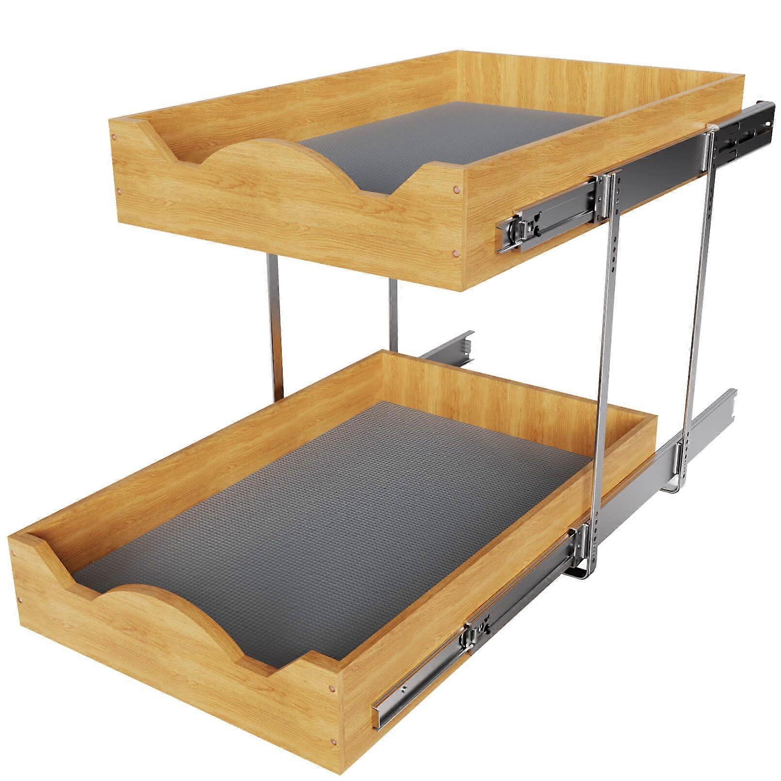 2 Tier Pull Out Wooden Cabinet Organizer 14' Wide Kitchen Sliding Shelf with Smooth Ball Bearing Slides