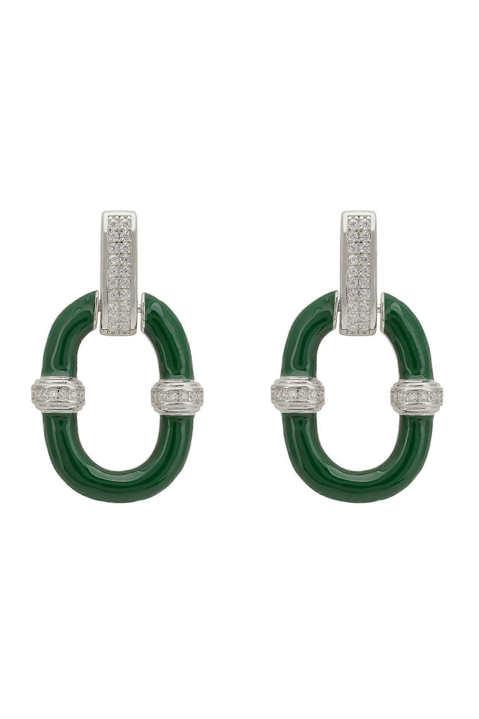 Emerald Green Enamel Oval Drop Earrings Silver
