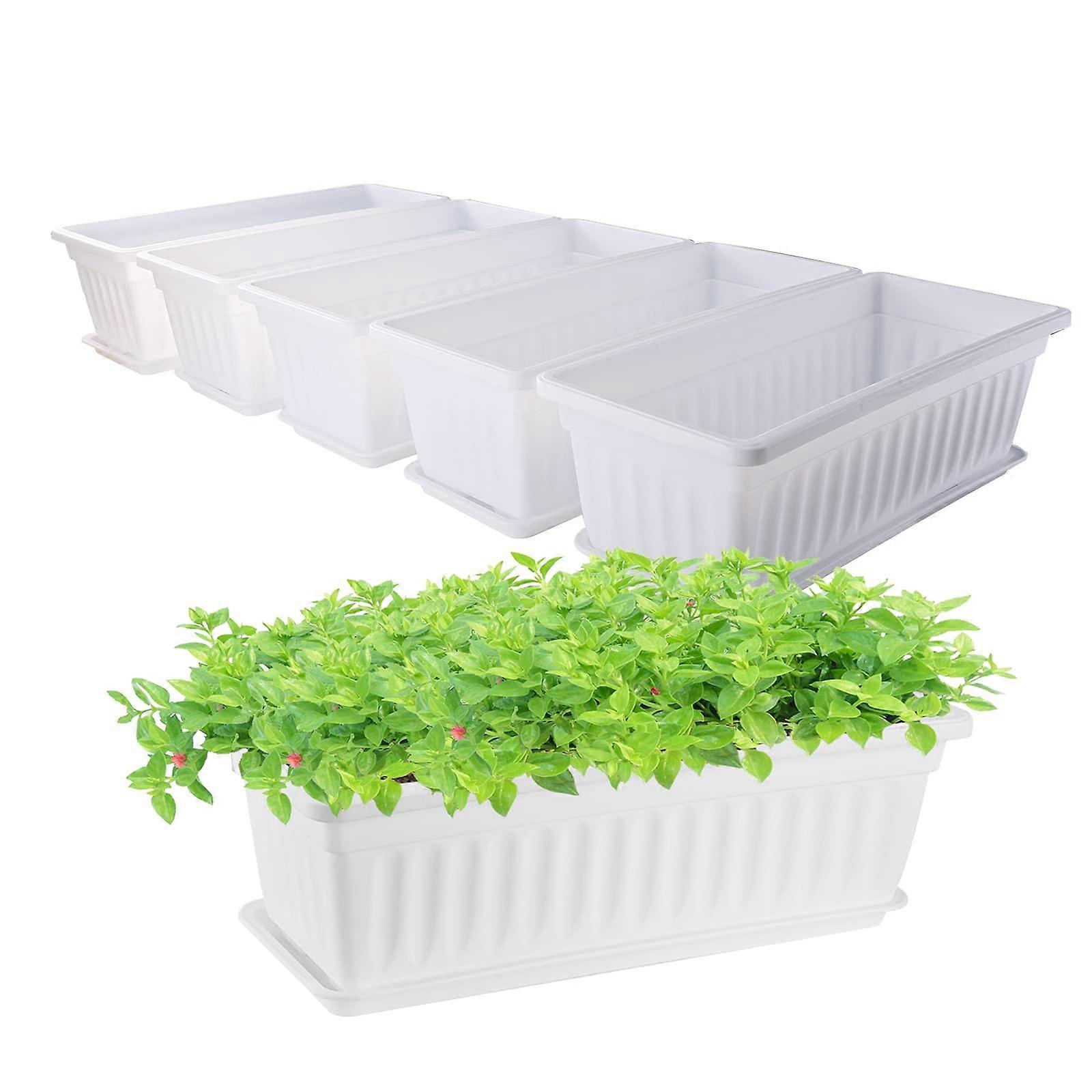6 Pack White Plastic Window Box Planters with Tray, Large Rectangular Garden Flower Pots Indoor Outdoor