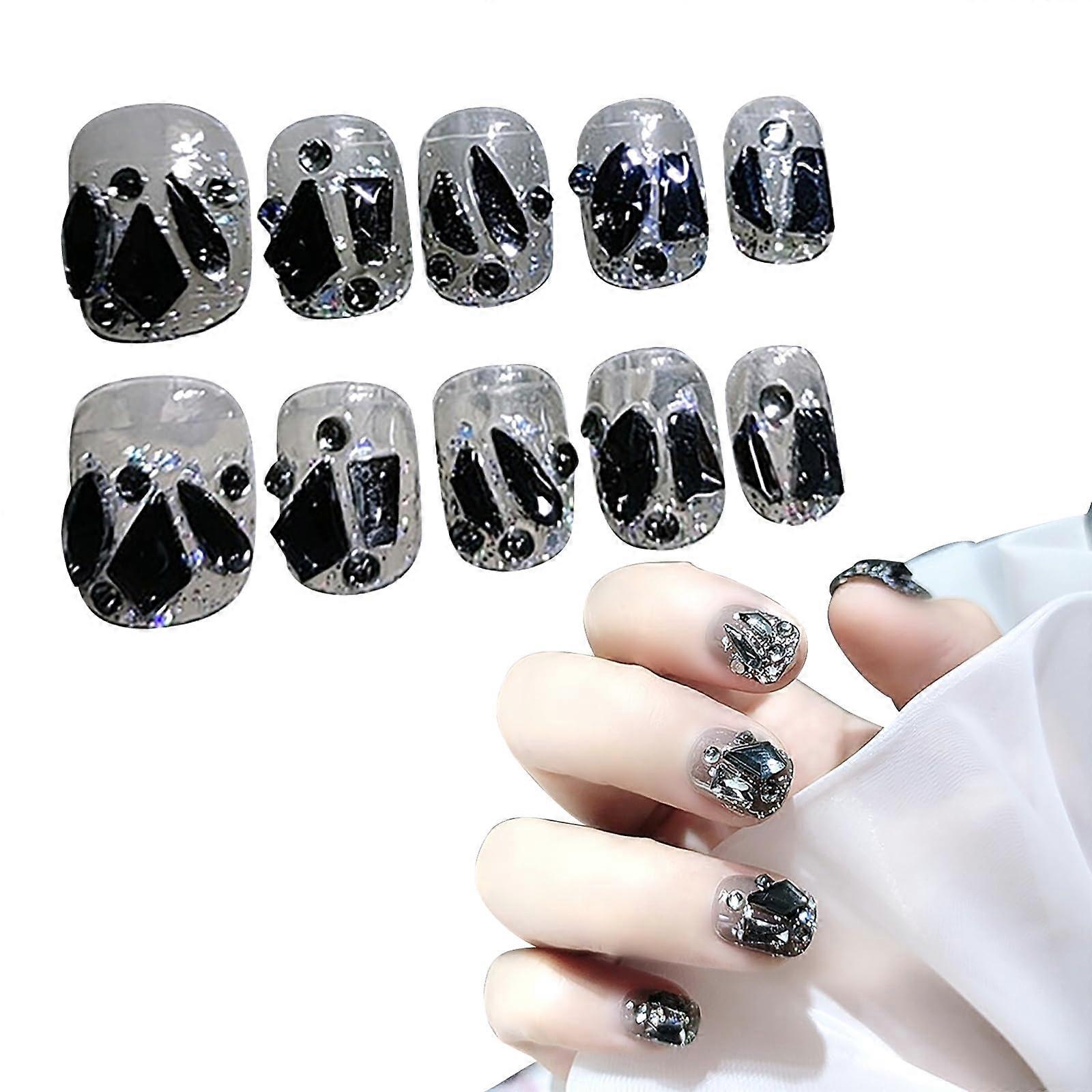 Press on Nails Set 24PCS Short Square French Tip with Glue Black Diamond Pattern False Nails