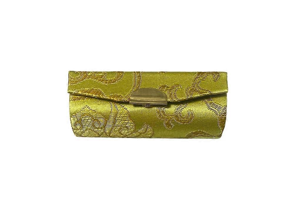Chinese Silk Lipstick Case with Mirror Light Green Compact Holder with Secure Snap Closure