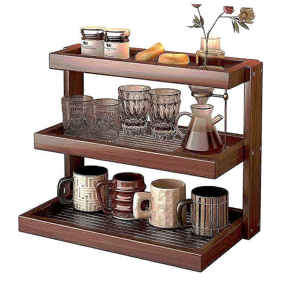 Wood Mug Holder with Large Capacity, Rustic MultiTier Kitchen Counter Organizer Shelf Dark Brown