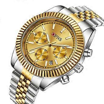 Men's Gold Dial Stainless Steel Chronograph Business Watch - QFNS Luxury Fashion Quartz Wristwatch with Date Display and Metal Band