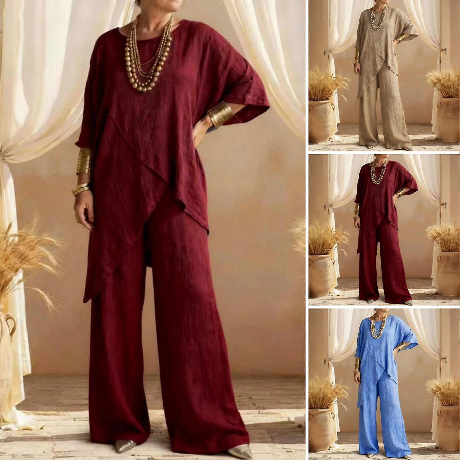 Cotton Linen 2 Piece Set – Asymmetrical Top & Wide Leg Pants – for ...