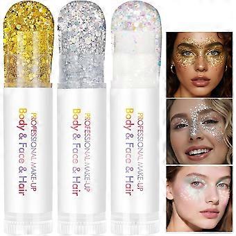 3 Pcs Chunky Holographic Glitter Stick Set, Long-Lasting Gel Glitter for Face Hair Body, Sparkly Mermaid Sequin Makeup Stick for Rave Party Festival C