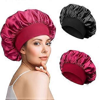 Pack of 2 Satin Bonnet Night Sleep Hat Adjustable Sleeping Cap Soft Sleeping Cap Silk with Elastic Band for Women Girls-dery