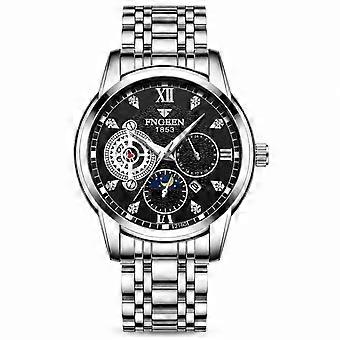 Men's Mechanical Watch White Steel Black Dial Waterproof JY
