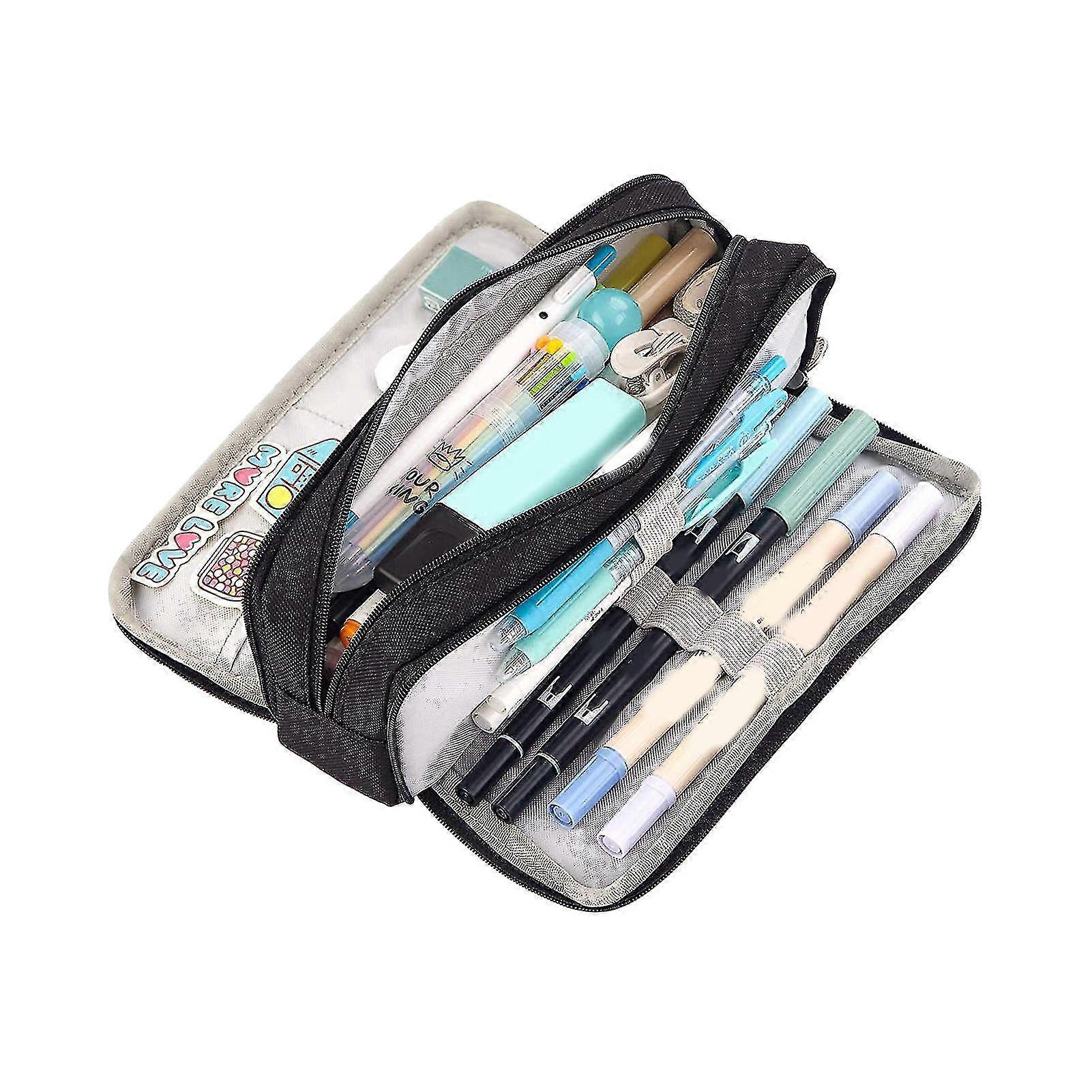 Triple-Compartment Canvas Pencil Pouch