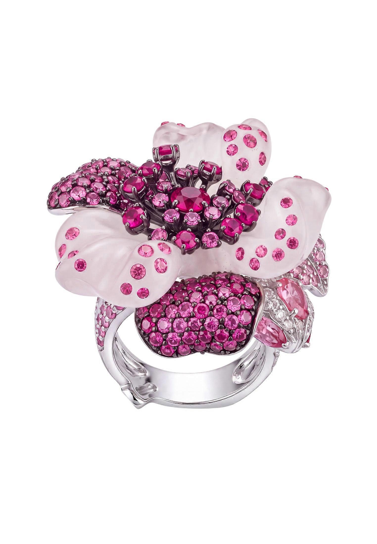 White Jade Ruby Rose Flower Cocktail Ring Silver