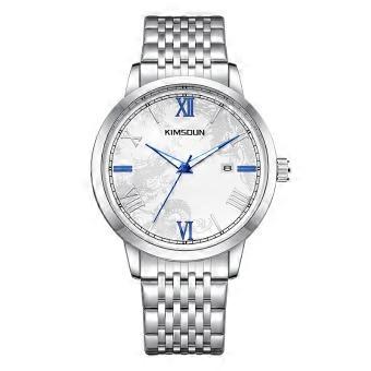 Men's Dragon Watch Steel Bracelet White Dial Blue Accents Quartz Luminous Waterproof