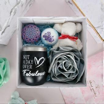 Geschenksets für den Wellnessbereich, 355 ml, bestehend aus einem isolierten Weinbecher aus Edelstahl, einem Strohhalm, einer duftenden Kerze, geeignet für Frauen, Mütter, Freundinnen, in den Farben Blau und Grün.