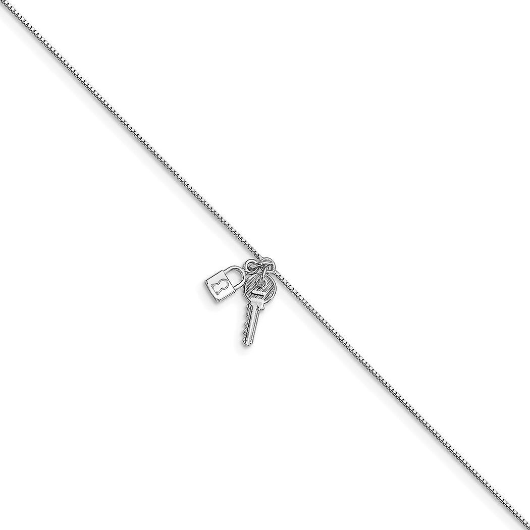 0.9mm 925 Sterling Silver Rhod pl Polished Lock and Key With 1inch Ext. Anklet 9 Inch-Anklet for Women
