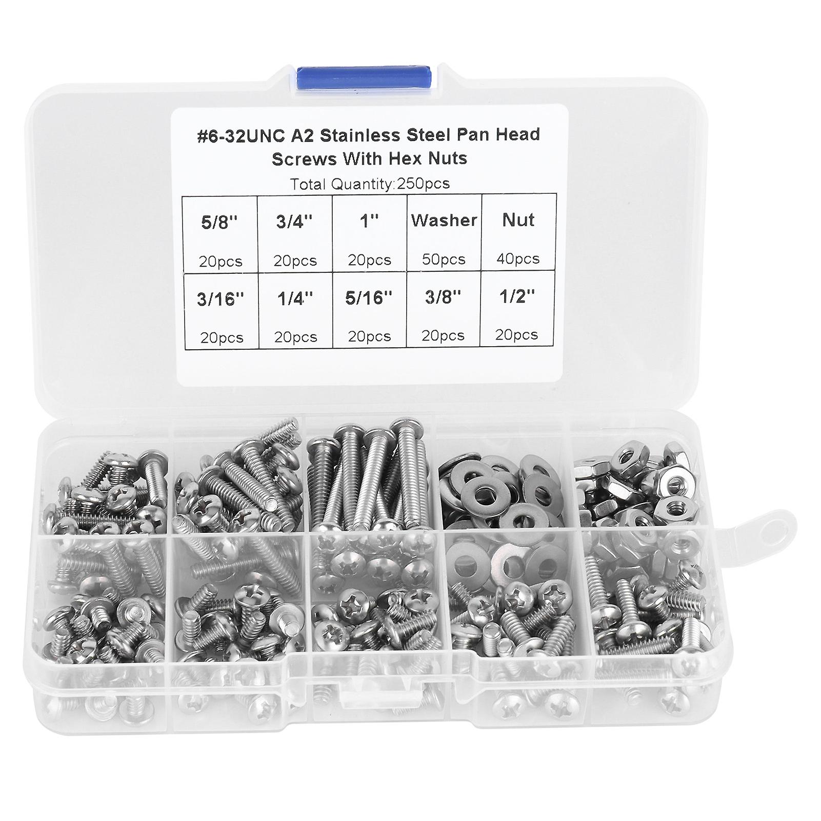 304 Stainless Steel Phillips Pan Head Screws with Hex Nuts and Washers, 250-Piece Kit #6-32UNC