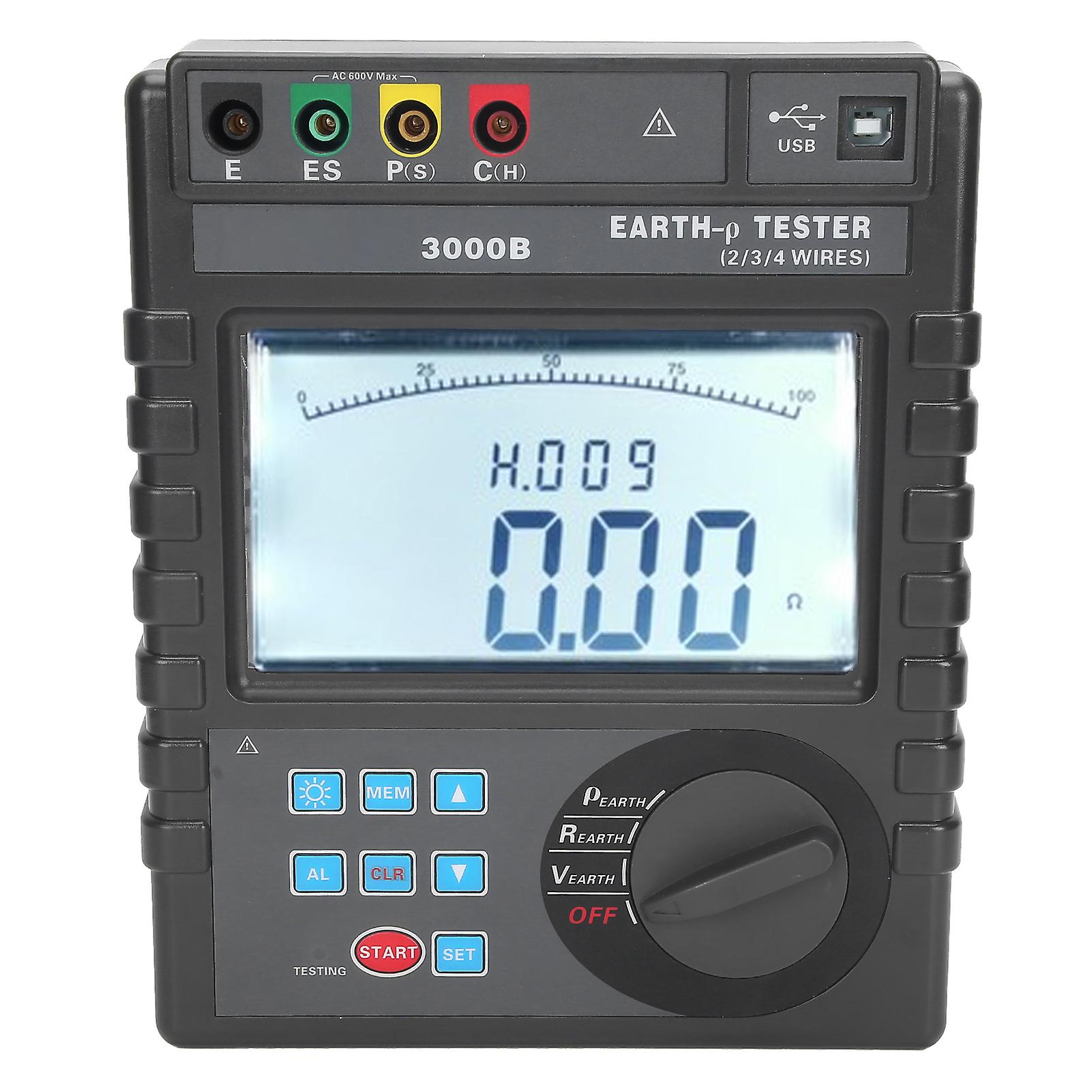 0-30kΩ Earth Resistance Tester with 0-9000kΩm Soil Resistivity LCD
