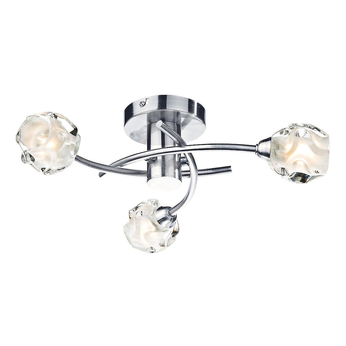 Seattle Flush Ceiling Light Satin Chrome & Sculptured Glass, 3x G9