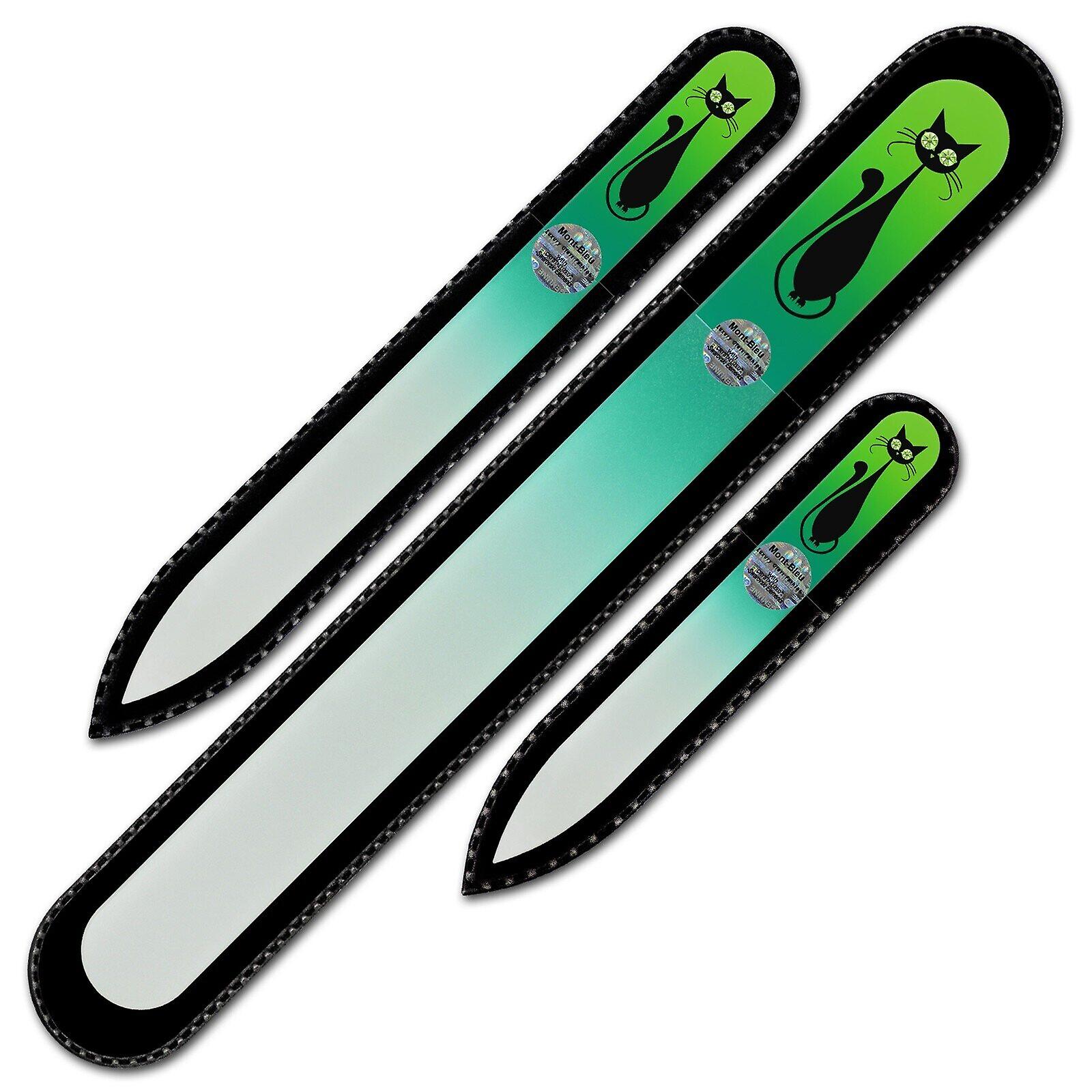 Set of 3 Glass Nail Files "Cat" with Swarovski crystals - Fern Green